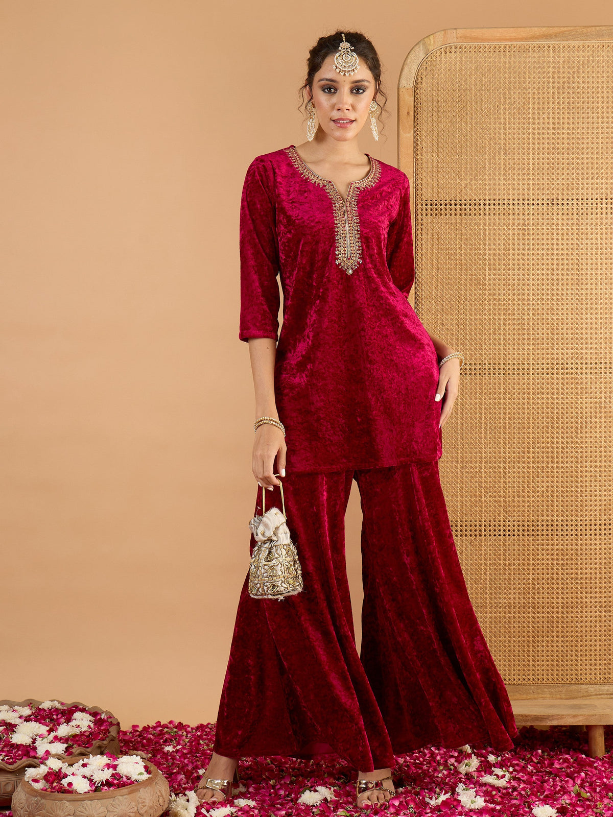 Fuchsia Velvet Embroidered Short Kurta With Palazzos-Shae by SASSAFRAS