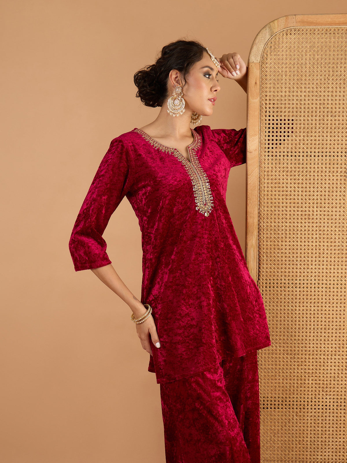 Fuchsia Velvet Embroidered Short Kurta With Palazzos-Shae by SASSAFRAS