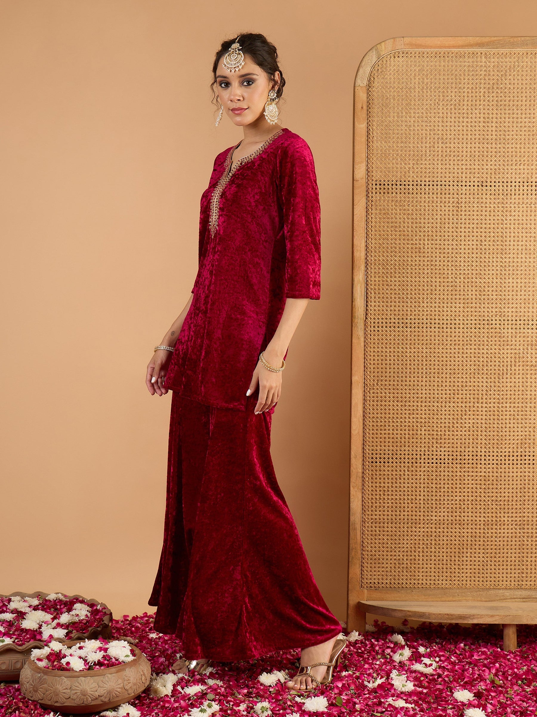 Fuchsia Velvet Embroidered Short Kurta With Palazzos-Shae by SASSAFRAS