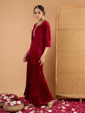 Fuchsia Velvet Embroidered Short Kurta With Palazzos-Shae by SASSAFRAS