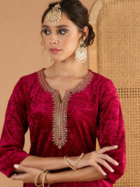 Fuchsia Velvet Embroidered Short Kurta With Palazzos-Shae by SASSAFRAS
