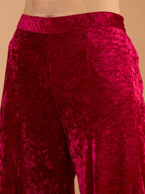 Fuchsia Velvet Embroidered Short Kurta With Palazzos-Shae by SASSAFRAS