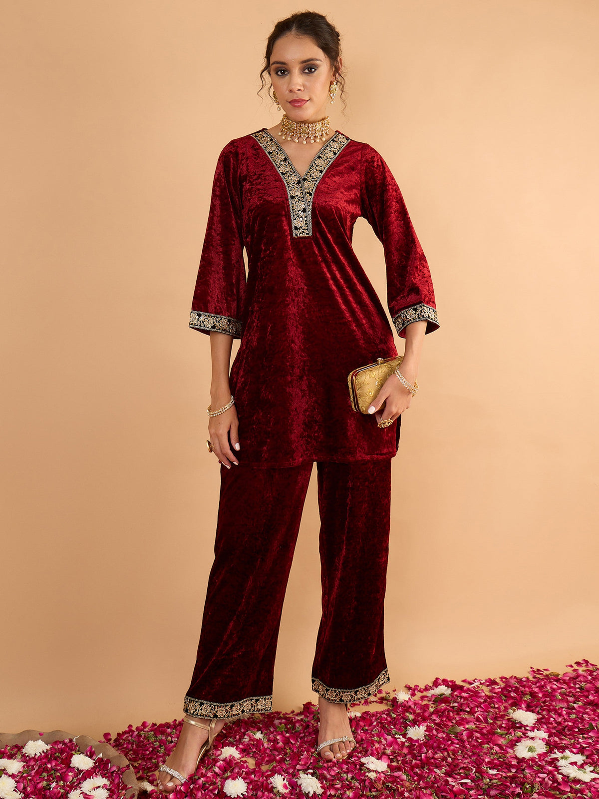 Maroon Velvet Embroidered Short Kurta With Straight Pants-Shae by SASSAFRAS