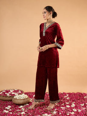 Maroon Velvet Embroidered Short Kurta With Straight Pants-Shae by SASSAFRAS