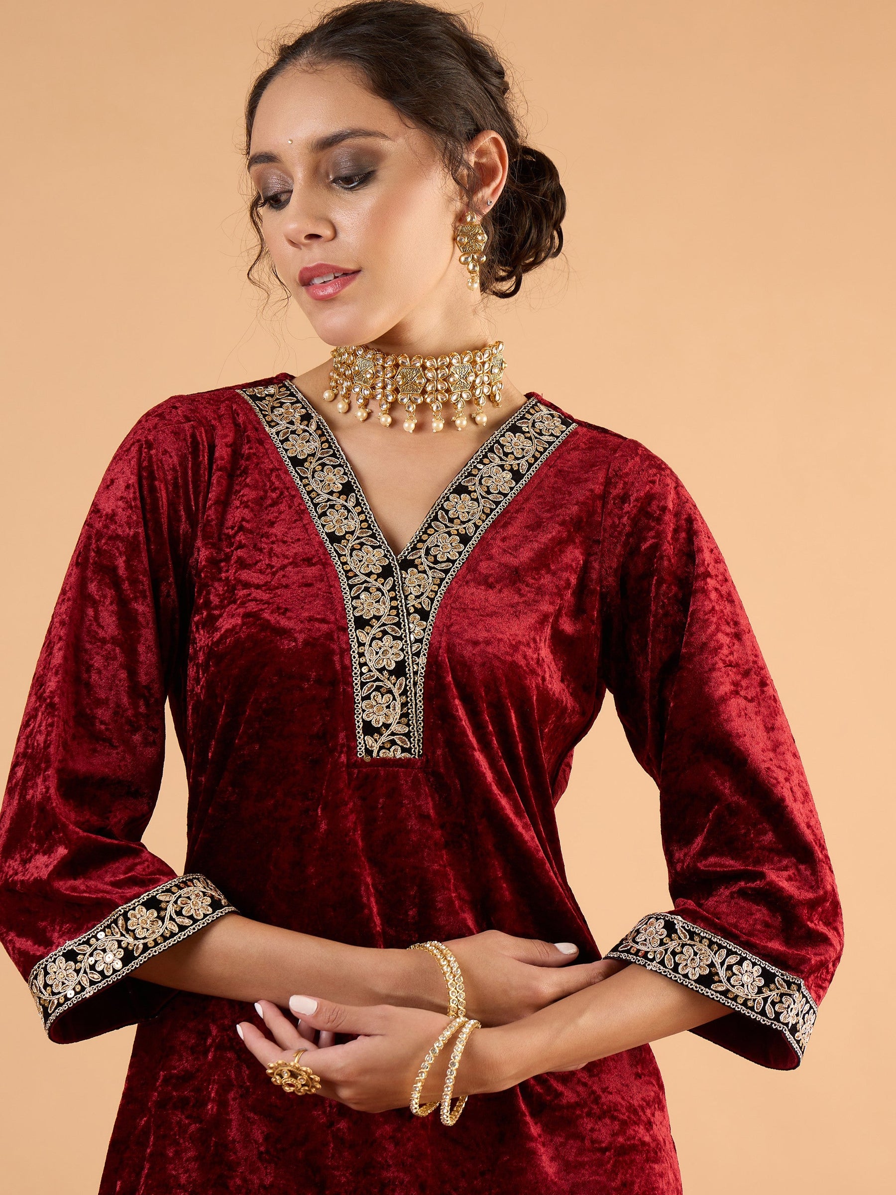 Maroon Velvet Embroidered Short Kurta With Straight Pants-Shae by SASSAFRAS