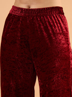 Maroon Velvet Embroidered Short Kurta With Straight Pants-Shae by SASSAFRAS