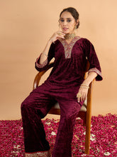 Purple Velvet Embroidered Short Kurta With Straight Pants-Shae by SASSAFRAS