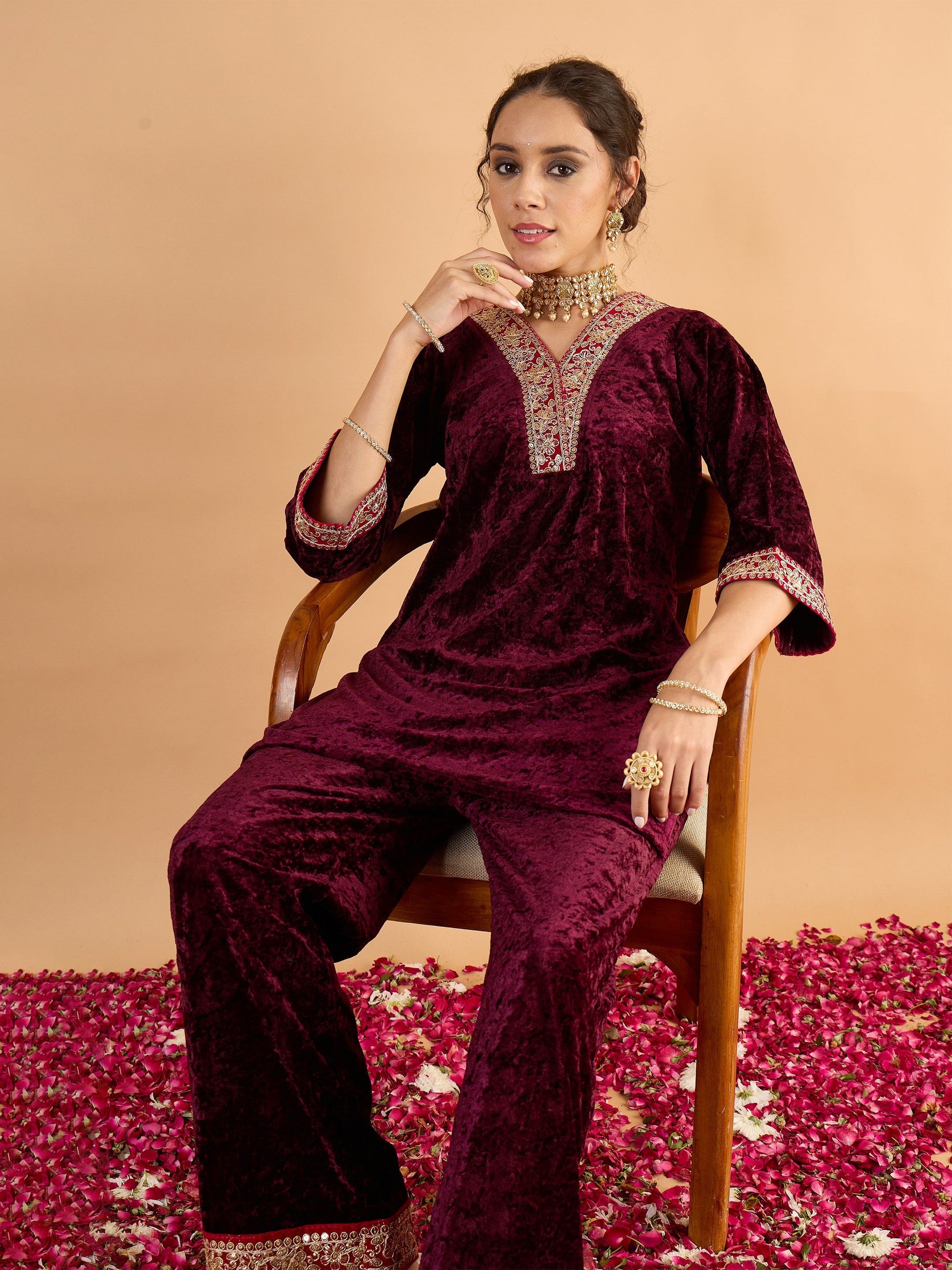 Purple Velvet Embroidered Short Kurta With Straight Pants-Shae by SASSAFRAS