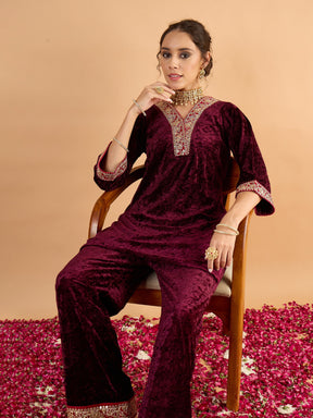 Purple Velvet Embroidered Short Kurta With Straight Pants-Shae by SASSAFRAS