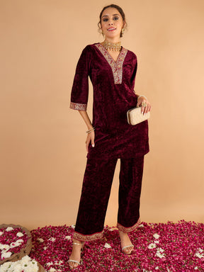 Purple Velvet Embroidered Short Kurta With Straight Pants-Shae by SASSAFRAS