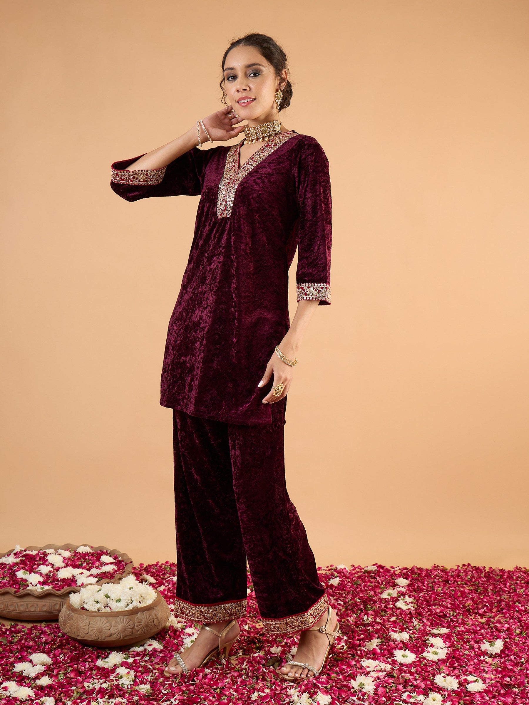 Purple Velvet Embroidered Short Kurta With Straight Pants-Shae by SASSAFRAS