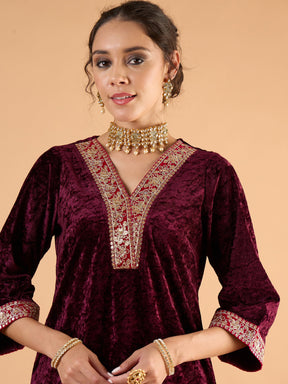 Purple Velvet Embroidered Short Kurta With Straight Pants-Shae by SASSAFRAS