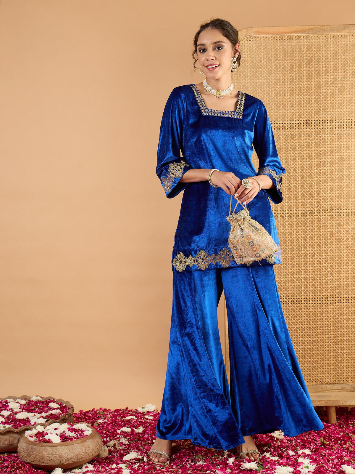 Blue Velvet Embroidered Glass Neck Short Kurta With Palazzos-Shae by SASSAFRAS