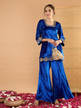 Blue Velvet Embroidered Glass Neck Short Kurta With Palazzos-Shae by SASSAFRAS