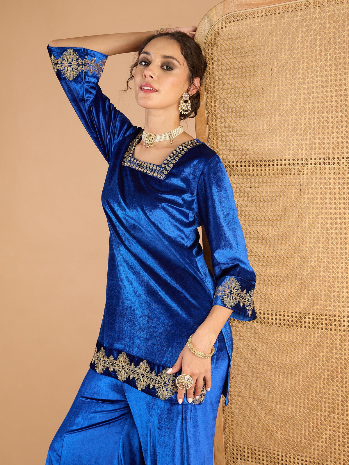 Blue Velvet Embroidered Glass Neck Short Kurta With Palazzos-Shae by SASSAFRAS