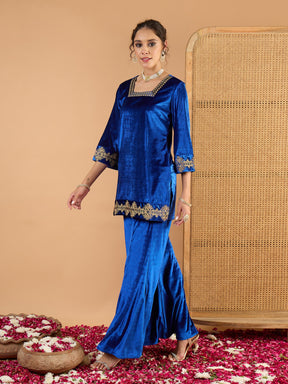 Blue Velvet Embroidered Glass Neck Short Kurta With Palazzos-Shae by SASSAFRAS