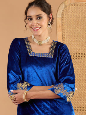 Blue Velvet Embroidered Glass Neck Short Kurta With Palazzos-Shae by SASSAFRAS