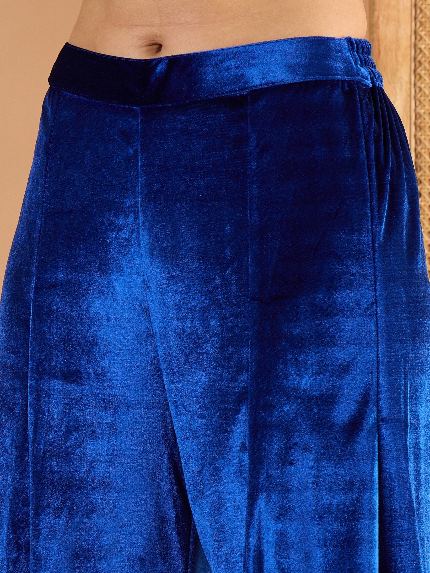 Blue Velvet Embroidered Glass Neck Short Kurta With Palazzos-Shae by SASSAFRAS