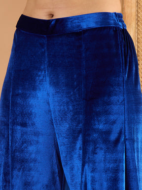 Blue Velvet Embroidered Glass Neck Short Kurta With Palazzos-Shae by SASSAFRAS