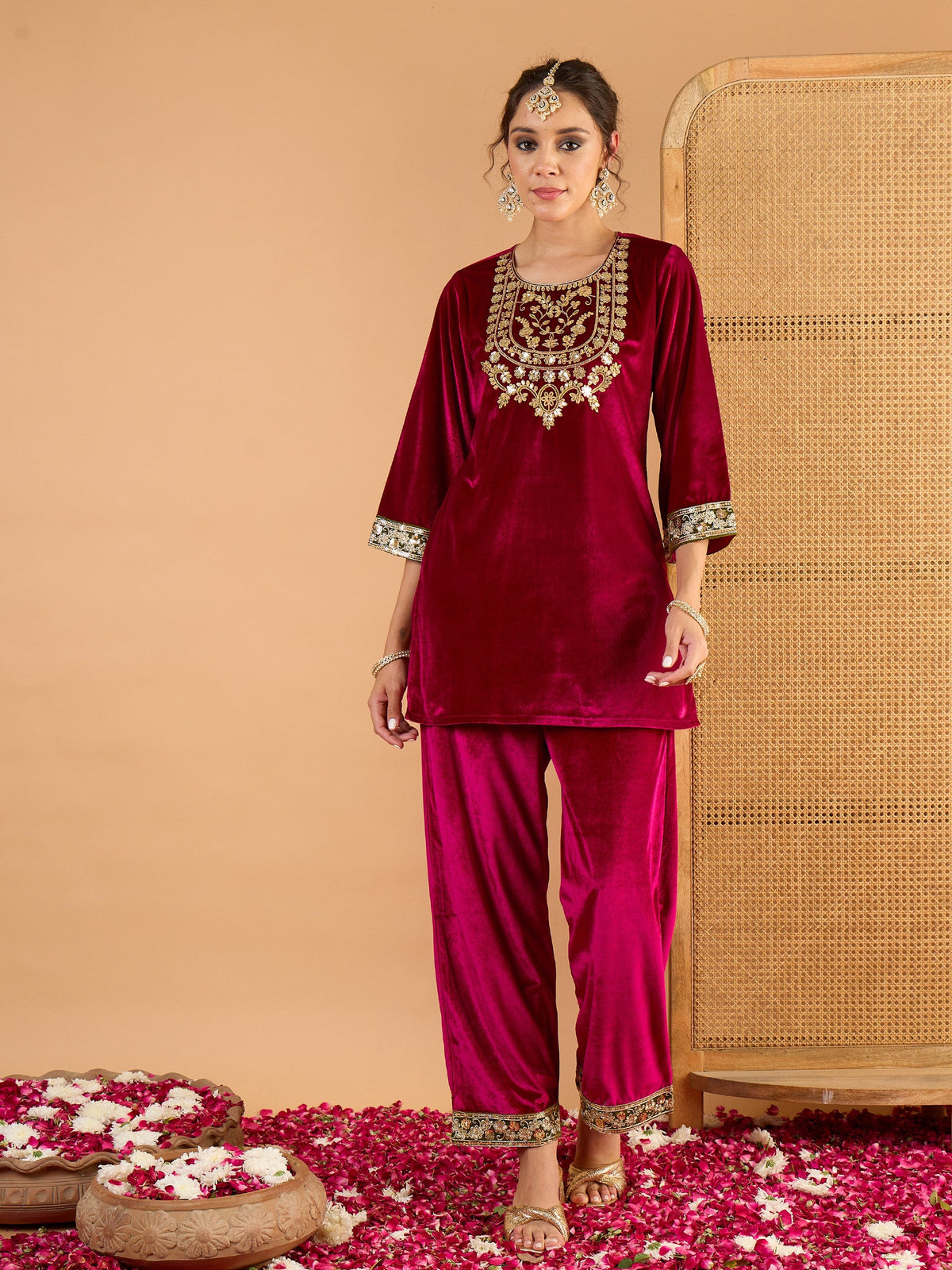Fuchsia Velvet Embroidered Short Kurta With Straight Pants-Shae by SASSAFRAS