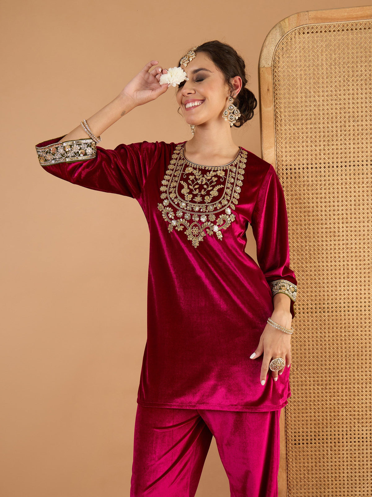 Fuchsia Velvet Embroidered Short Kurta With Straight Pants-Shae by SASSAFRAS