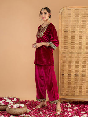 Fuchsia Velvet Embroidered Short Kurta With Straight Pants-Shae by SASSAFRAS
