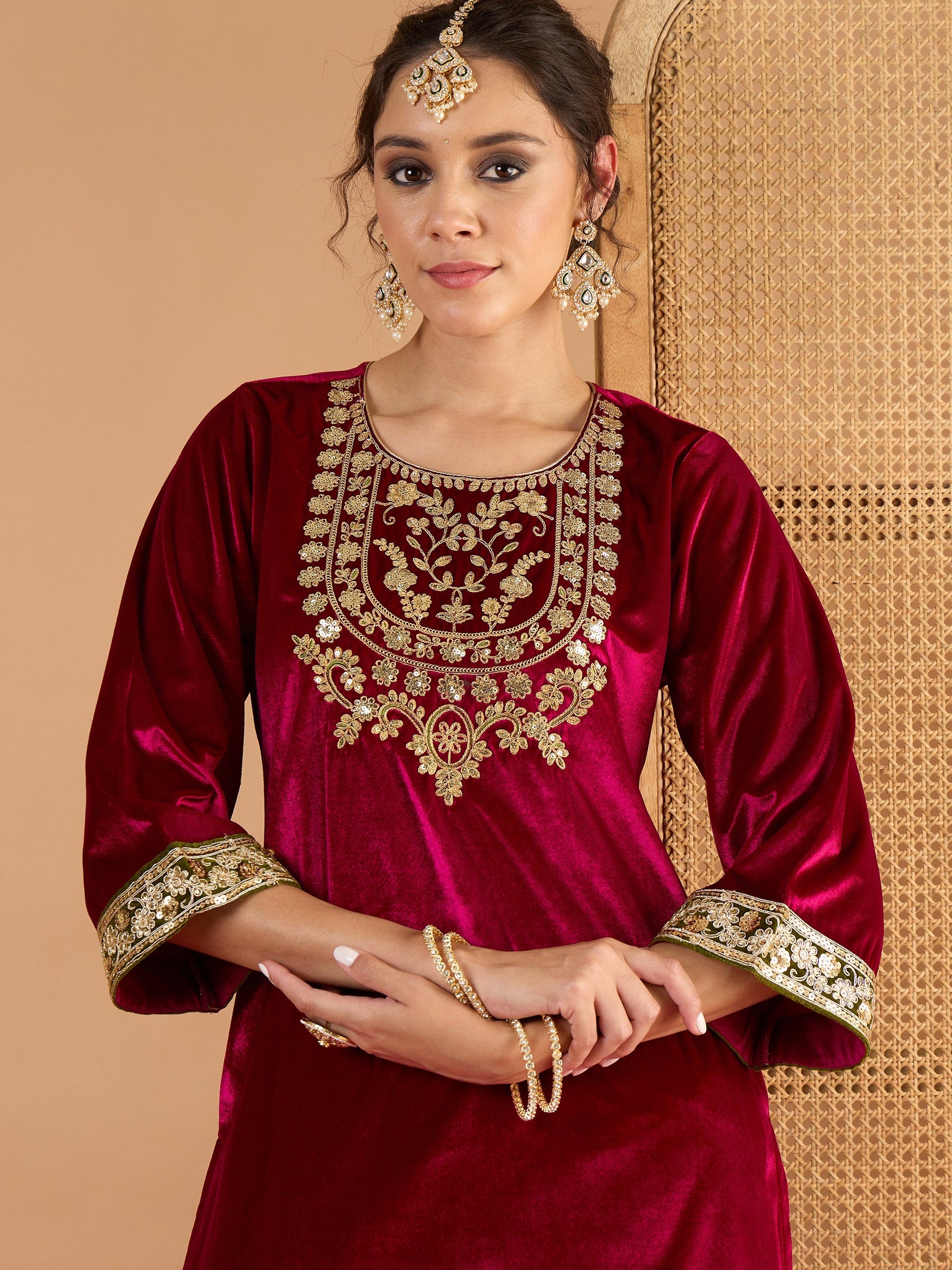 Fuchsia Velvet Embroidered Short Kurta With Straight Pants-Shae by SASSAFRAS
