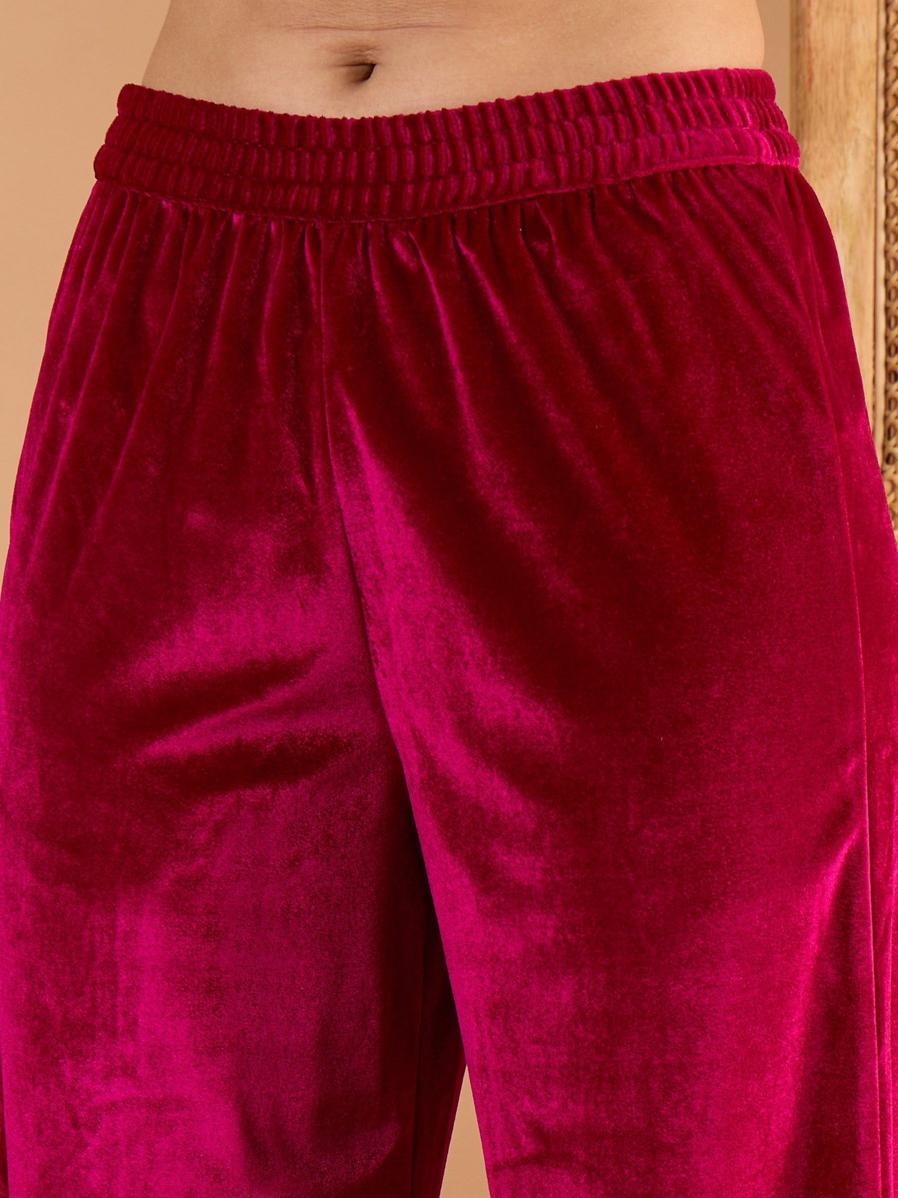 Fuchsia Velvet Embroidered Short Kurta With Straight Pants-Shae by SASSAFRAS