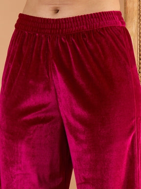 Fuchsia Velvet Embroidered Short Kurta With Straight Pants-Shae by SASSAFRAS