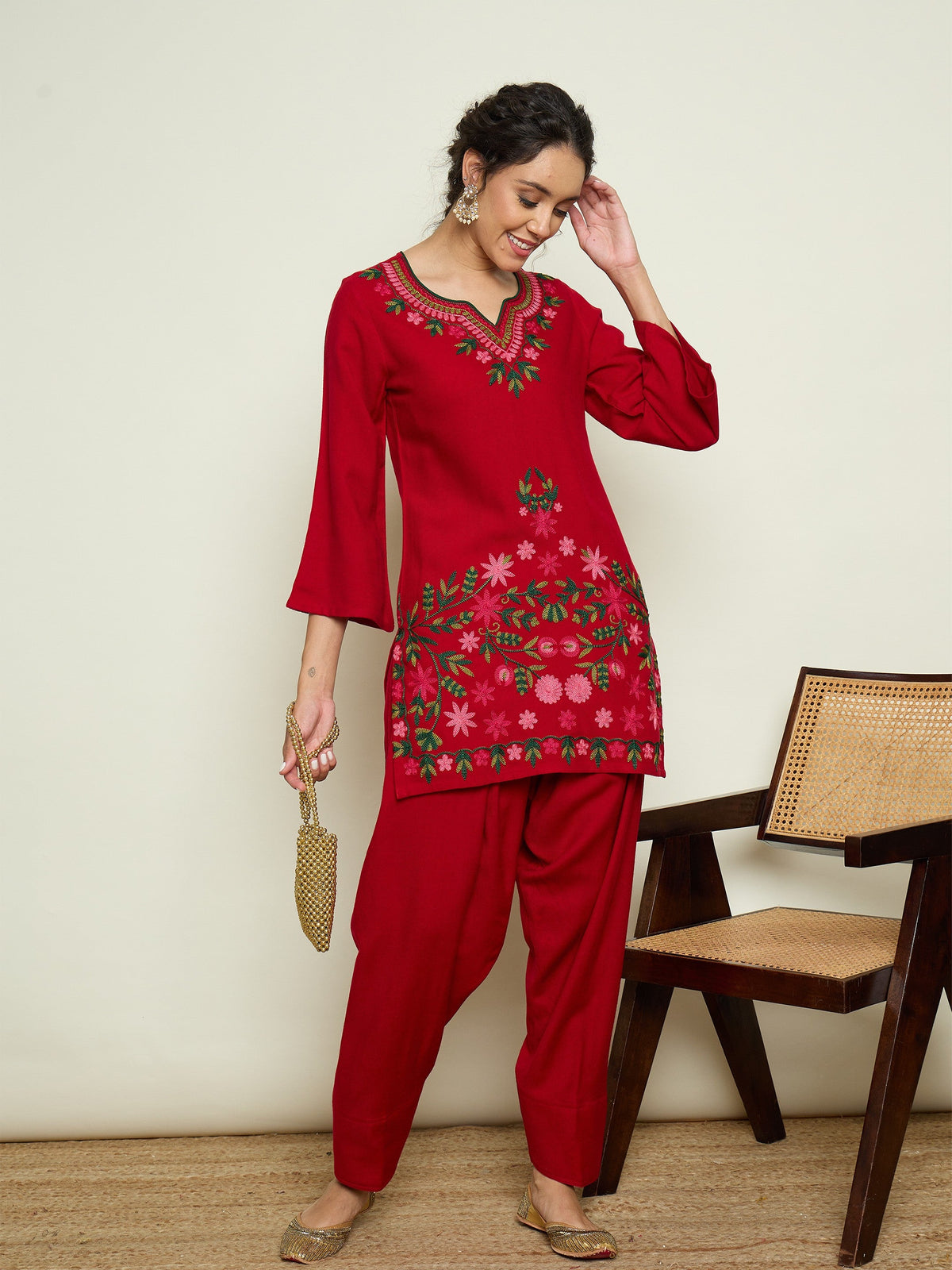 Red Woollen Embroidered Sweetheart Short Kurta With Farshi Salwar-Shae By SASSAFRAS