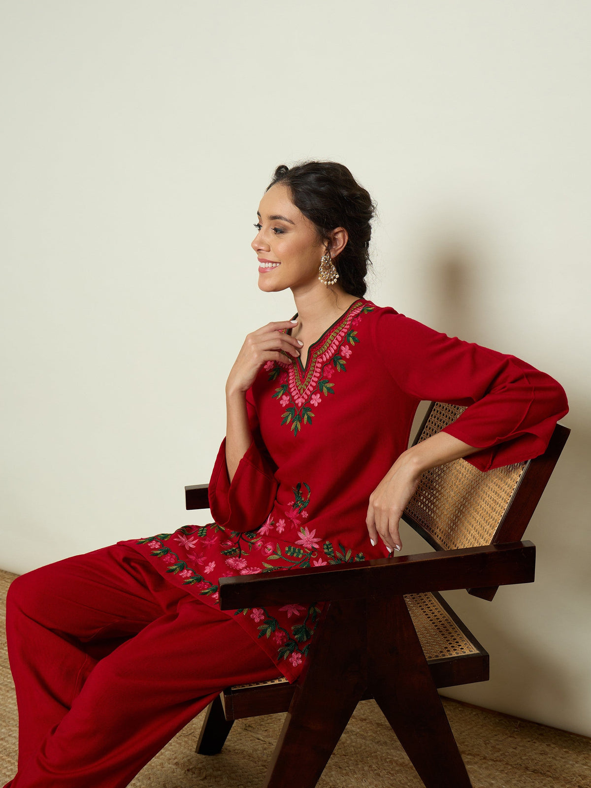 Red Woollen Embroidered Sweetheart Short Kurta With Farshi Salwar-Shae By SASSAFRAS