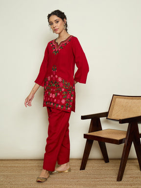 Red Woollen Embroidered Sweetheart Short Kurta With Farshi Salwar-Shae By SASSAFRAS