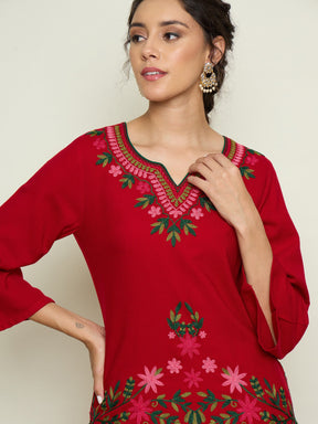 Red Woollen Embroidered Sweetheart Short Kurta With Farshi Salwar-Shae By SASSAFRAS