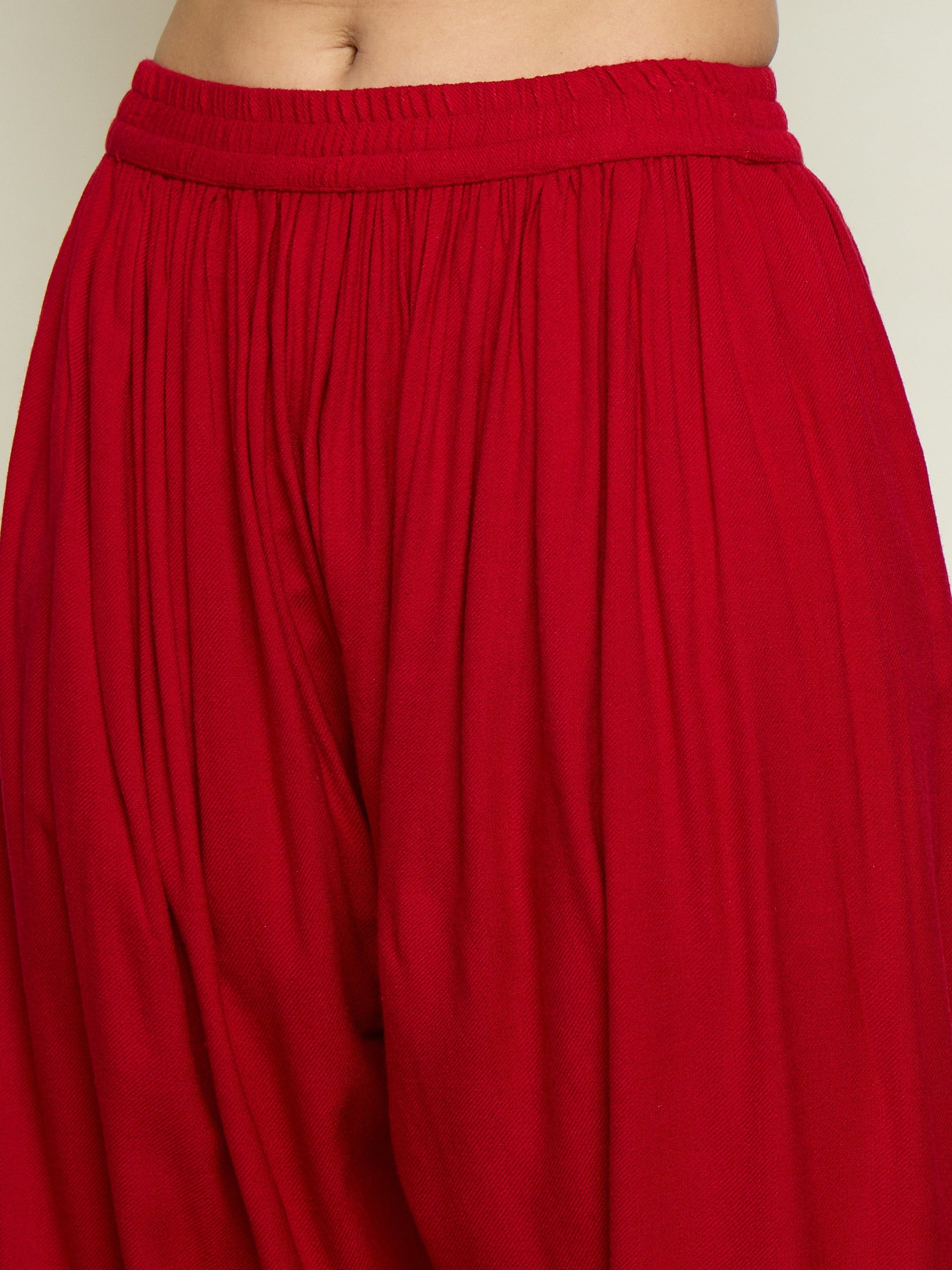 Red Woollen Embroidered Sweetheart Short Kurta With Farshi Salwar-Shae By SASSAFRAS