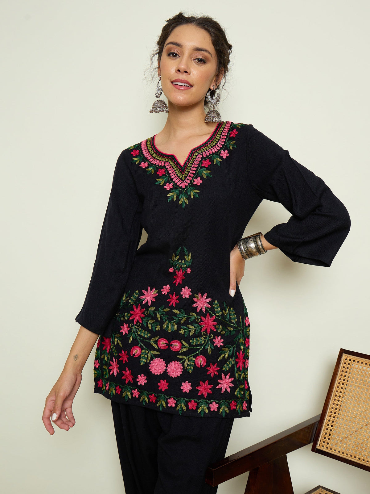 Black Woollen Embroidered Sweetheart Short Kurta With Farshi Salwar-Shae By SASSAFRAS
