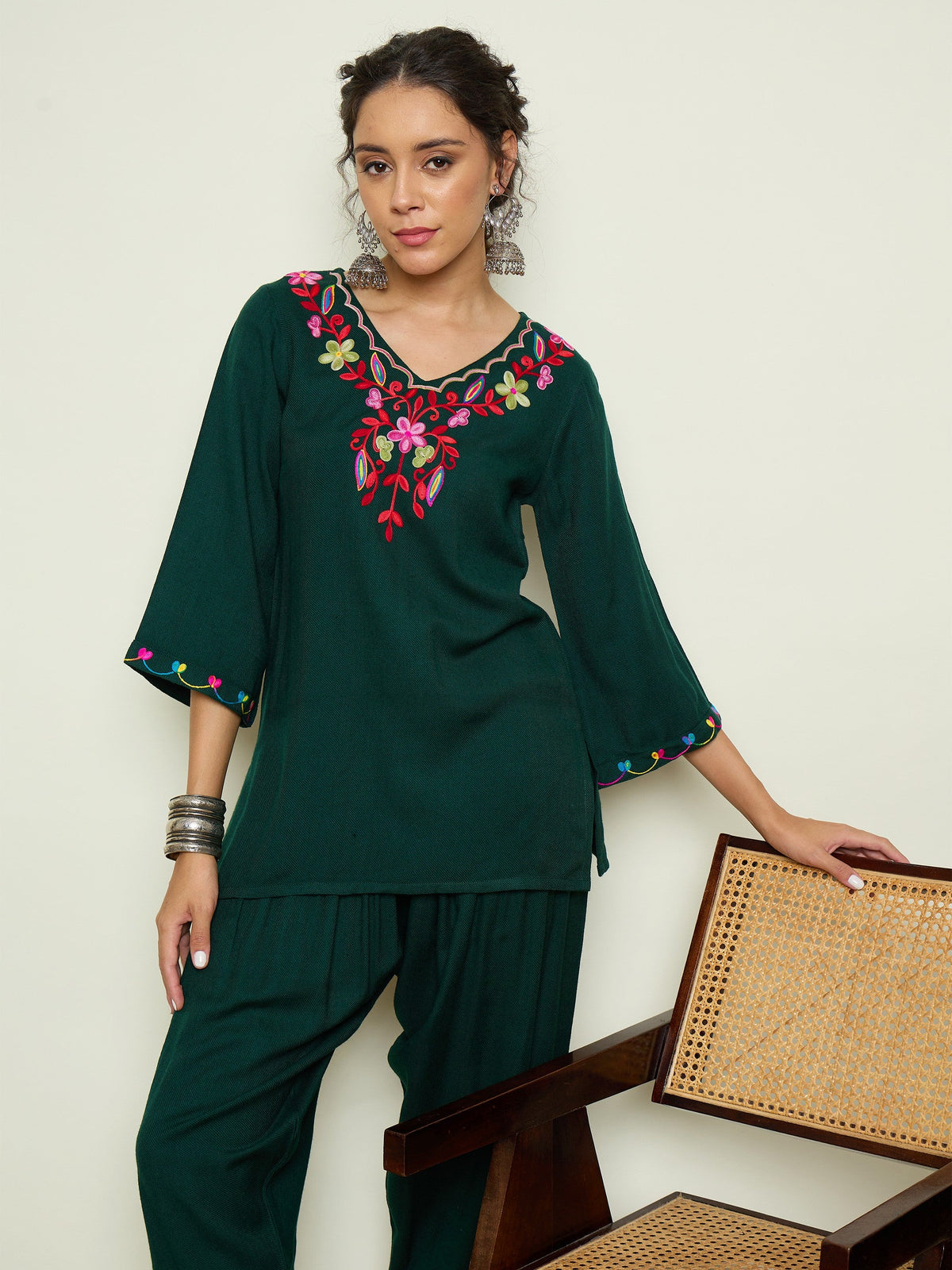Green Woollen Embroidered V-Neck Short Kurta With Farshi Salwar-Shae By SASSAFRAS