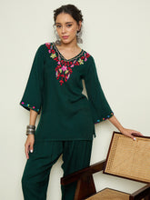 Green Woollen Embroidered V-Neck Short Kurta With Farshi Salwar-Shae By SASSAFRAS