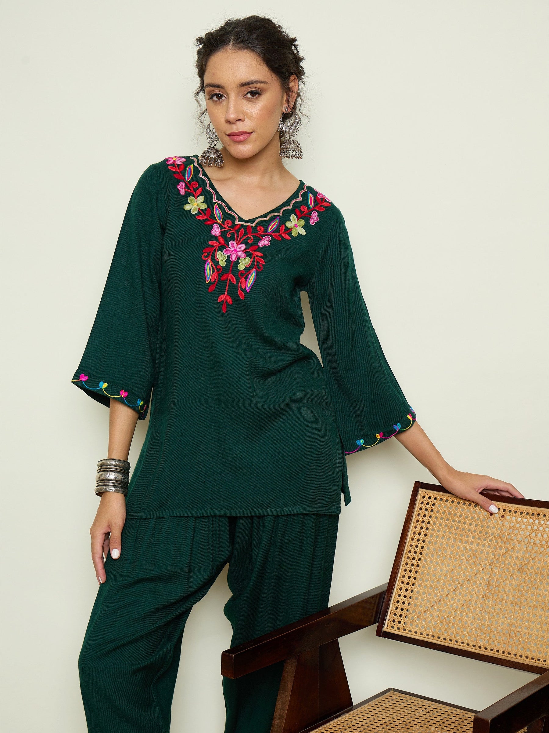 Green Woollen Embroidered V-Neck Short Kurta With Farshi Salwar-Shae By SASSAFRAS