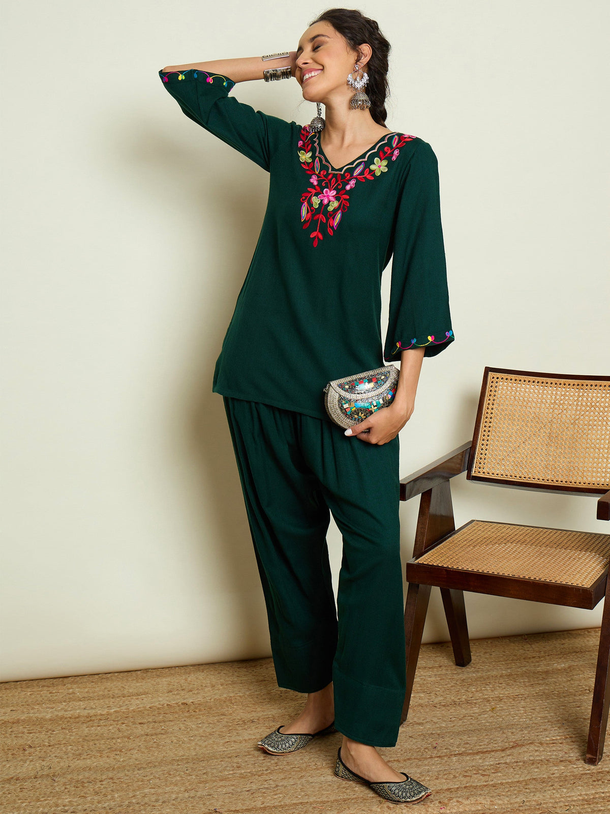 Green Woollen Embroidered V-Neck Short Kurta With Farshi Salwar-Shae By SASSAFRAS