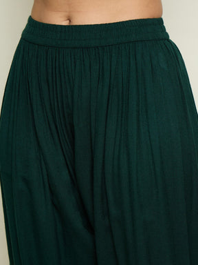 Green Woollen Embroidered V-Neck Short Kurta With Farshi Salwar-Shae By SASSAFRAS