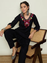 Black Woollen Embroidered V-Neck Short Kurta With Farshi Salwar-Shae By SASSAFRAS