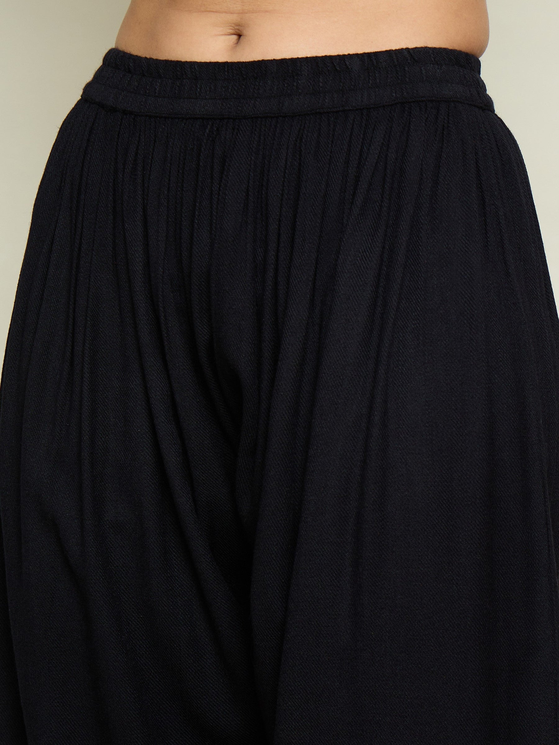 Black Woollen Embroidered V-Neck Short Kurta With Farshi Salwar-Shae By SASSAFRAS