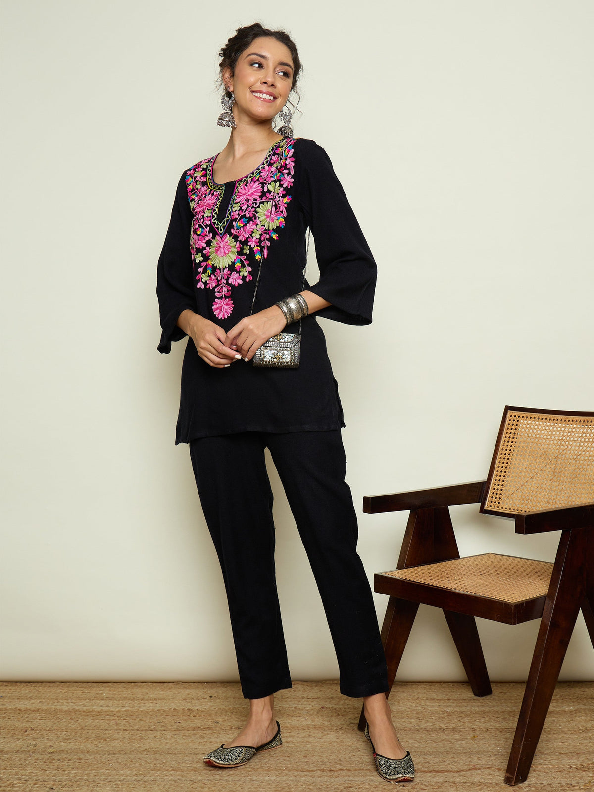 Black Woollen Embroidered Round Neck Short Kurta With Pencil Pants -Shae By SASSAFRAS