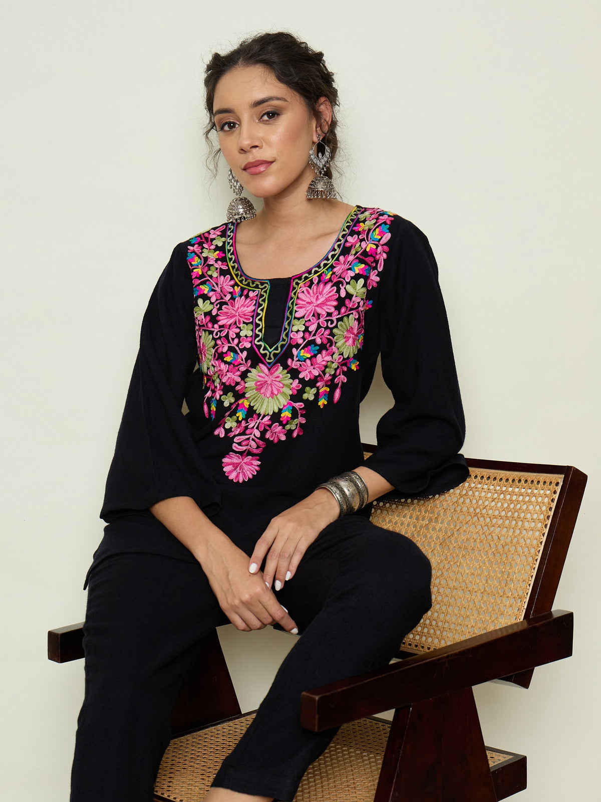 Black Woollen Embroidered Round Neck Short Kurta With Pencil Pants -Shae By SASSAFRAS