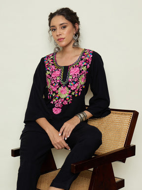 Black Woollen Embroidered Round Neck Short Kurta With Pencil Pants -Shae By SASSAFRAS