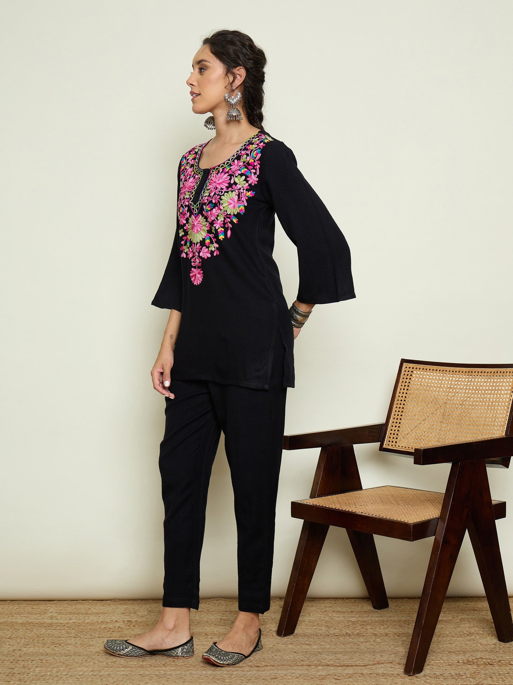 Black Woollen Embroidered Round Neck Short Kurta With Pencil Pants -Shae By SASSAFRAS