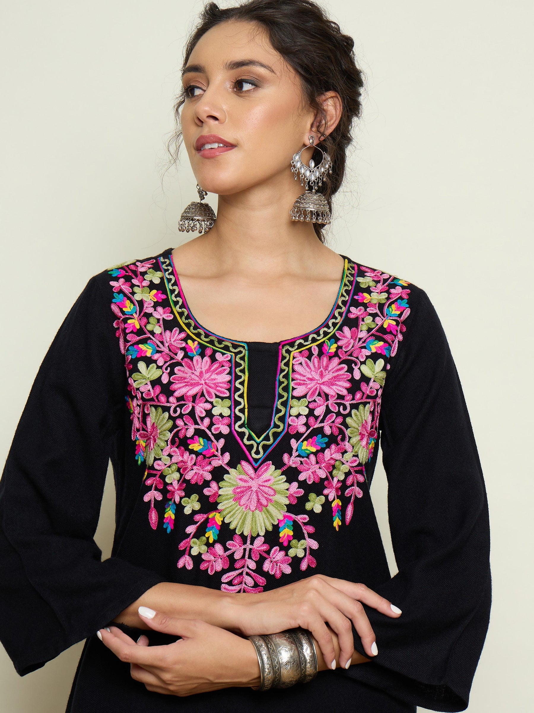 Black Woollen Embroidered Round Neck Short Kurta With Pencil Pants -Shae By SASSAFRAS