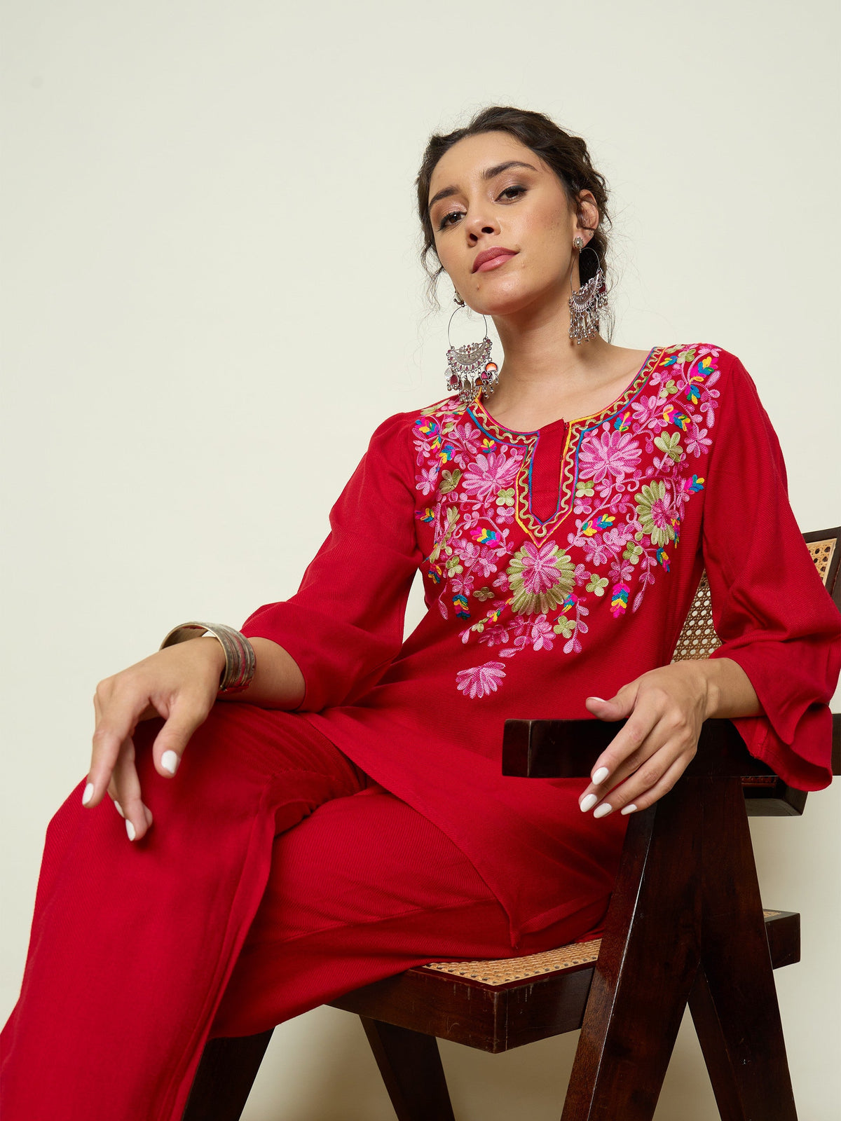 Red Woollen Embroidered Round Neck Short Kurta With Pencil Pants -Shae By SASSAFRAS