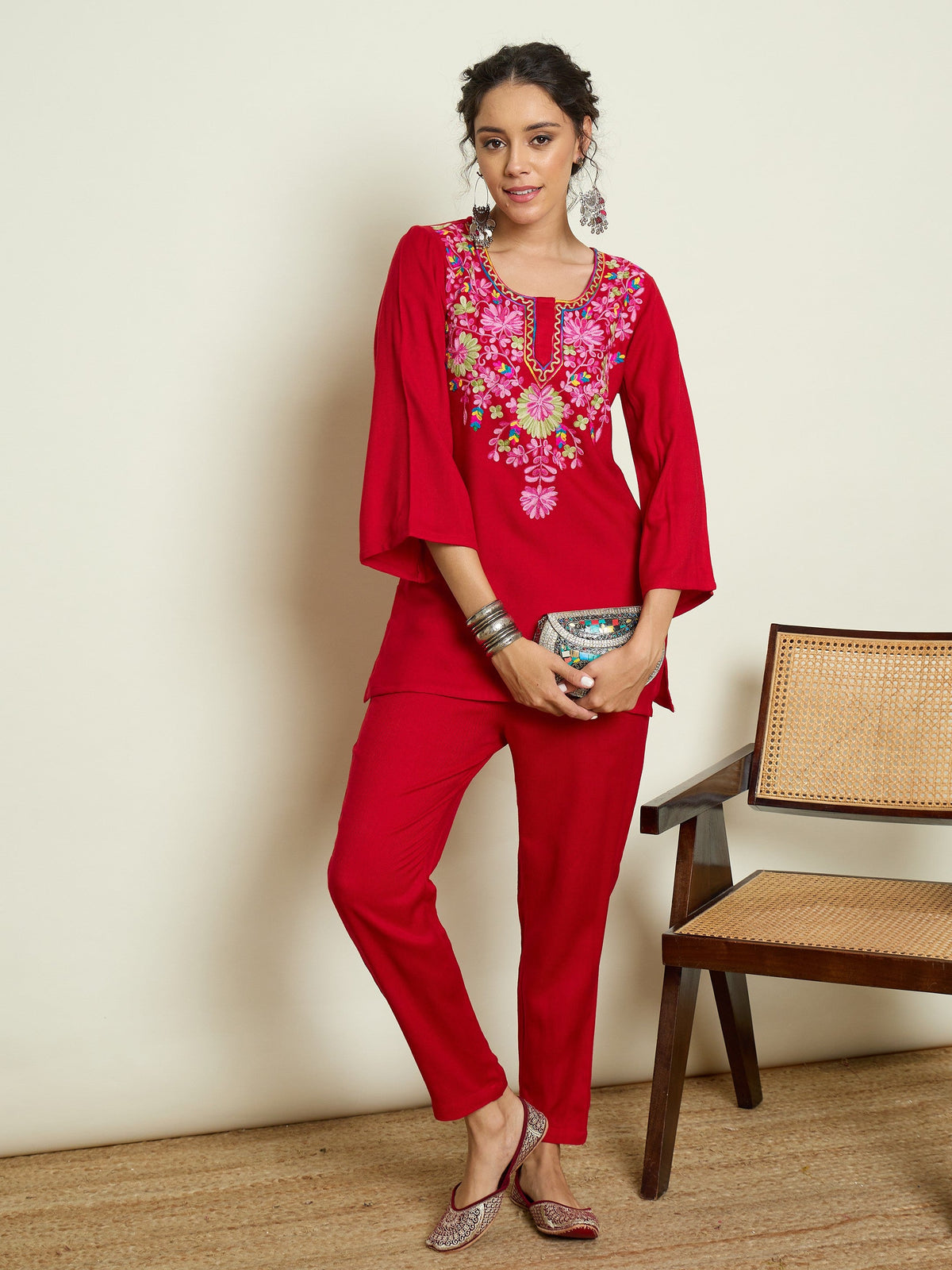Red Woollen Embroidered Round Neck Short Kurta With Pencil Pants -Shae By SASSAFRAS