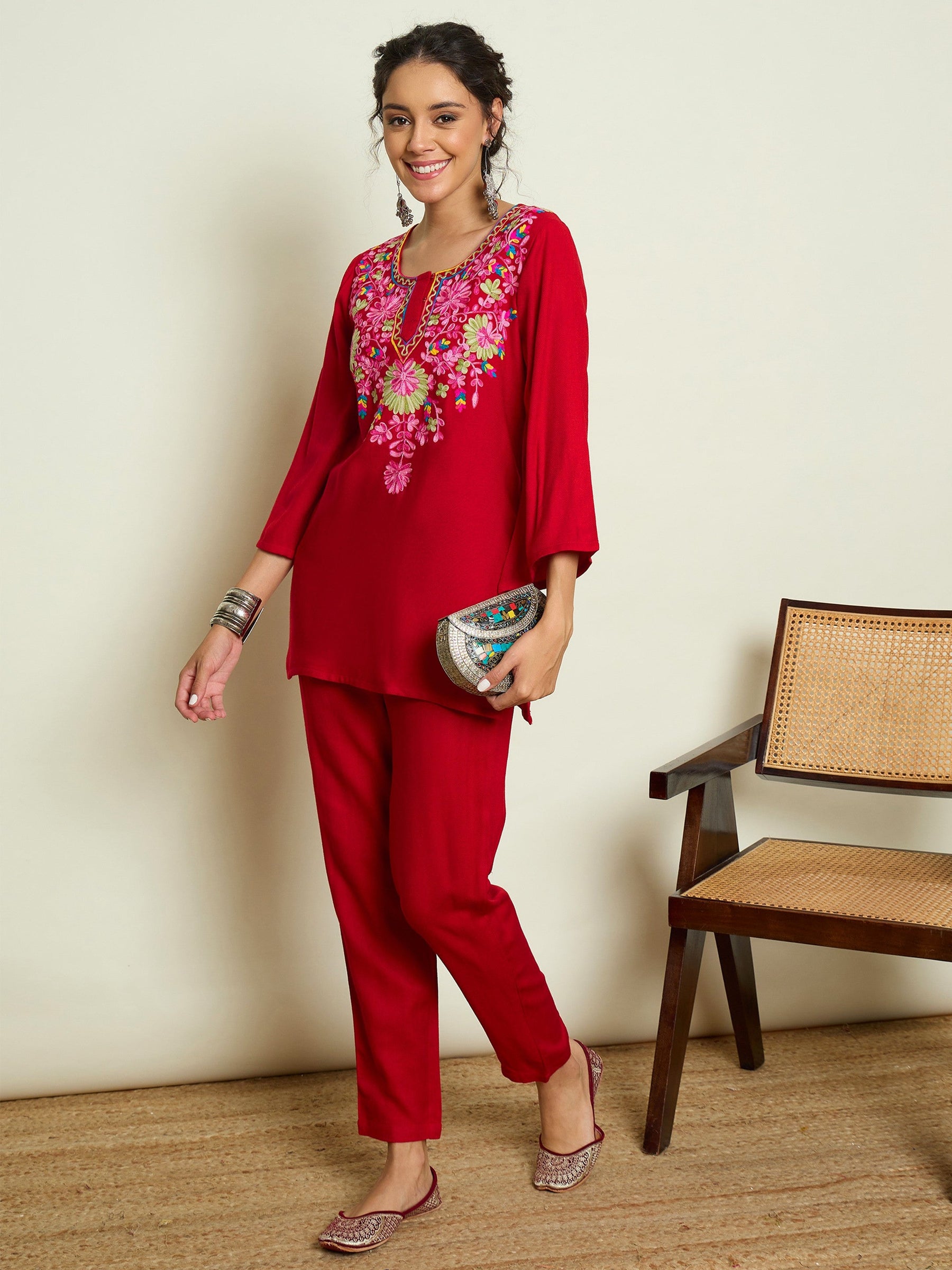 Red Woollen Embroidered Round Neck Short Kurta With Pencil Pants -Shae By SASSAFRAS